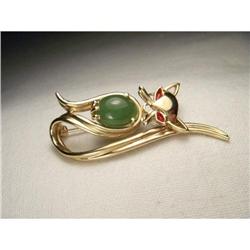 Estate Art Deco 14K YG Gold Jade Cat Brooch Pin#1672652