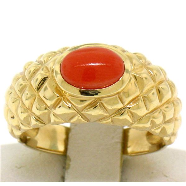 14k Yellow Gold Oval Cabochon Bezel Set Coral Domed Quilted Texture Ring