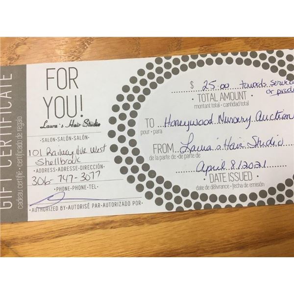 $25 Gift Certificate - Laura's Hair Studio Shellbrook