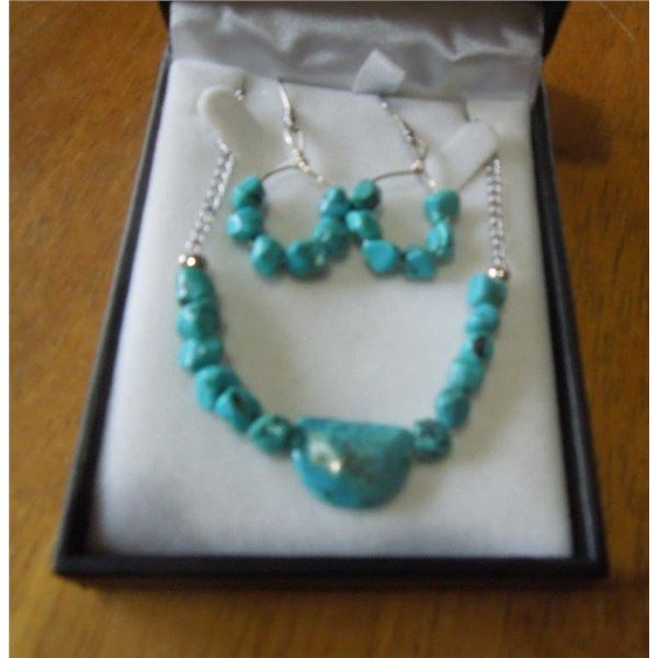 Turquoise Necklace 18 3/4 "  Stainless steel chain and matching earings