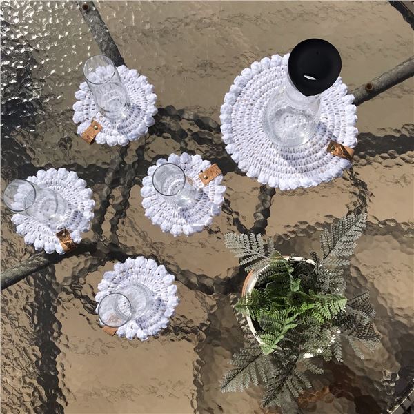 4 handmade coasters and trivet +Four 8 1/2 oz glasses and one 36 1/2 oz glass carafe