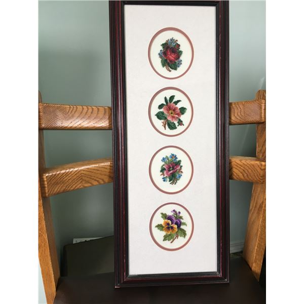 9 X 22" pettipoint - four florals matted and framed