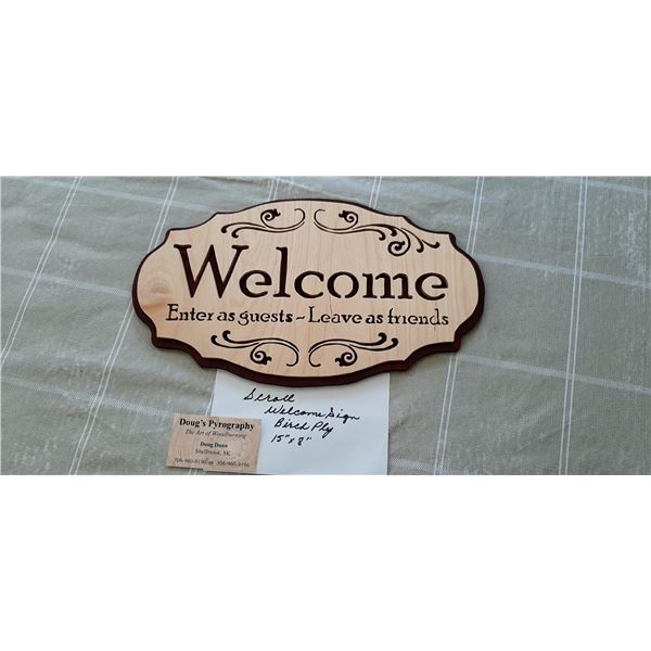 Scroll wood working Welcome sign 15 X8" -Brich Plywood