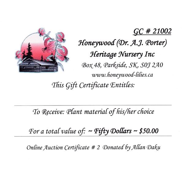 Honeywood Gift certificate $50.00