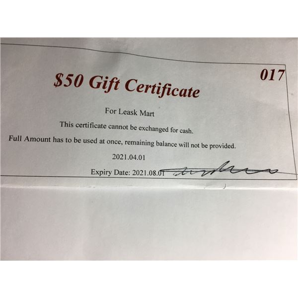 Leask Mart $50.00 Gift Certificate