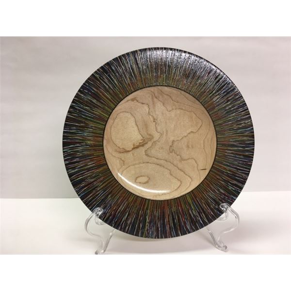 8", lathe turned,maple wood, hand painted decorative edge ornamental plate