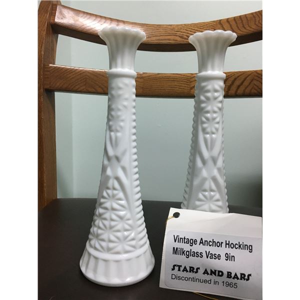 Vintage Anchor Hocking milk glass vases 9" Stars and Bars