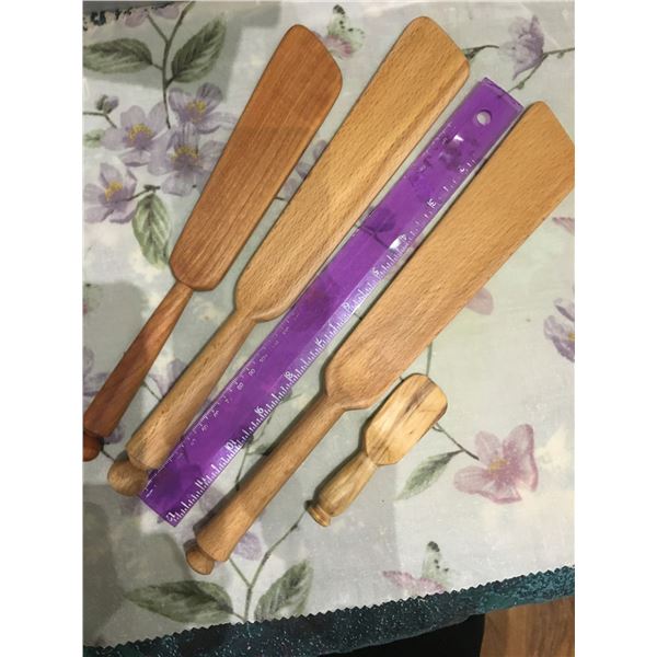 3  handcrafted spurtles and a soft cheese spreader -various woods