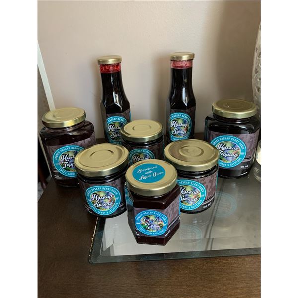 Variety selection of Haskap  syrup, topping,and spreads