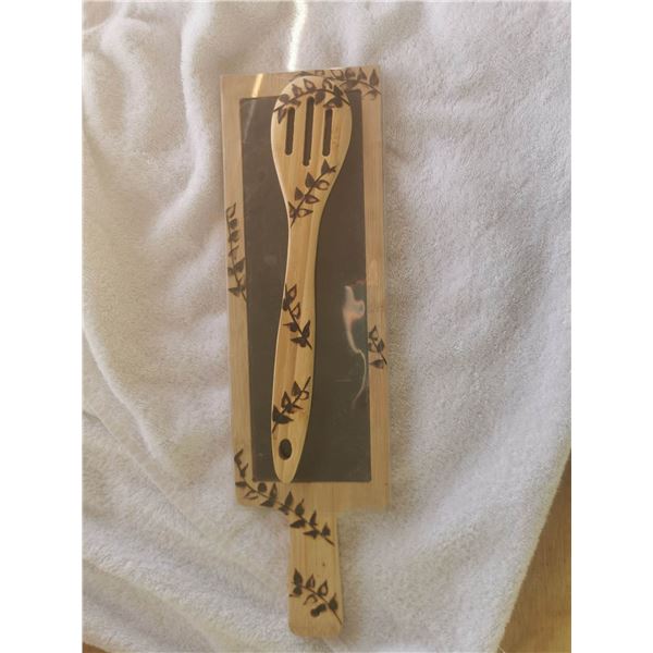 Wood burned serving boad with slate insert and spoon
