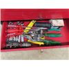 Image 5 : Metal Tool Box w Tools, Sockets, Allan Wrenches Vise Grips, Tin Snips, Wrenches & Screwdrivers