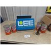 Image 1 : Lee Metal Single Tire Rack w Adv.  & 4 COOP Quart Oil Cans, & Funnel For Glass Oil Bottle