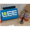 Image 2 : Lee Metal Single Tire Rack w Adv.  & 4 COOP Quart Oil Cans, & Funnel For Glass Oil Bottle