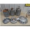 Image 1 : 3 Galvanized Gas Cans w Wooden Handle & 3 Hub Caps