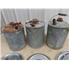 Image 2 : 3 Galvanized Gas Cans w Wooden Handle & 3 Hub Caps