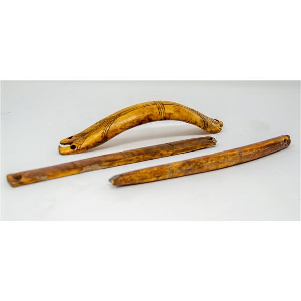 LOT OF THREE 1800S INUIT CARVED BONE ARTIFACTS