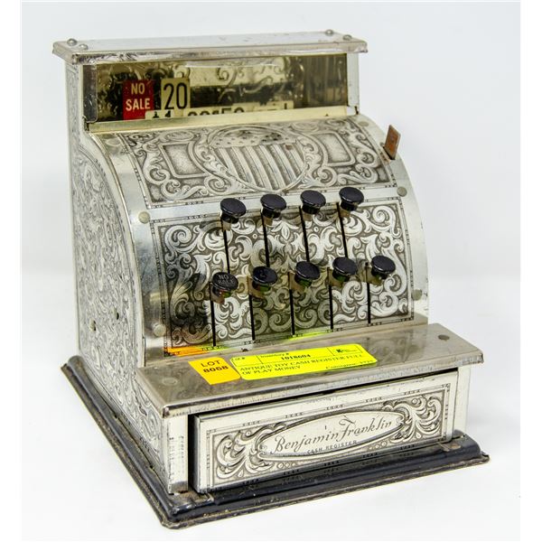 ANTIQUE TOY CASH REGISTER FULL OF PLAY MONEY