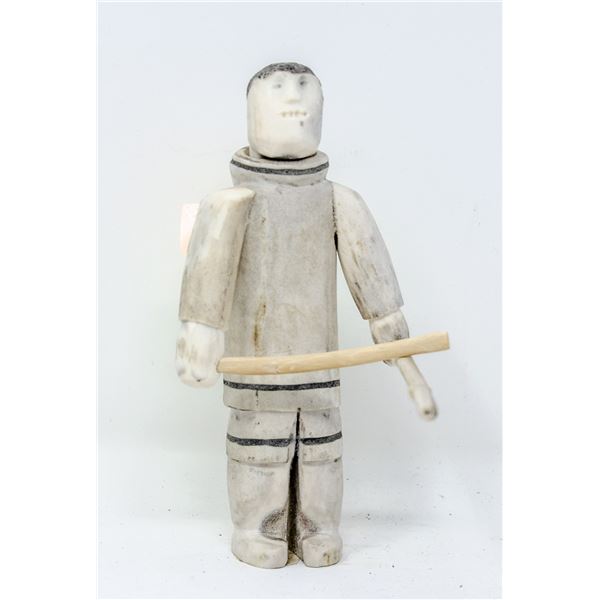 INUIT CARVED HORN FIGURE SIGNED JOSEPH AKATSIA