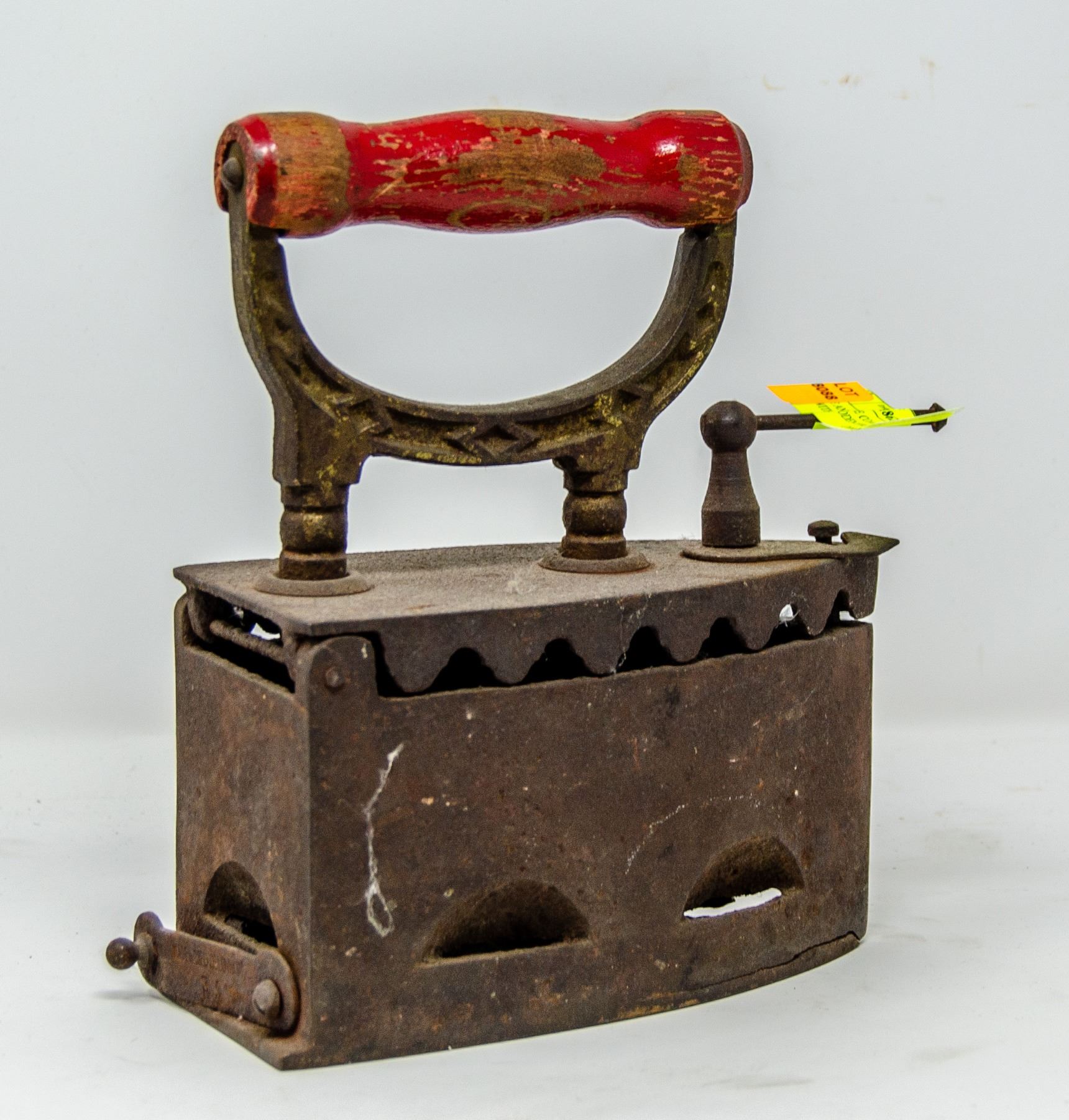 LARGE ANTIQUE COAL HEATED IRON WITH WOODEN HANDLE