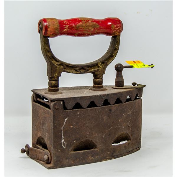 LARGE ANTIQUE COAL HEATED IRON WITH WOODEN HANDLE