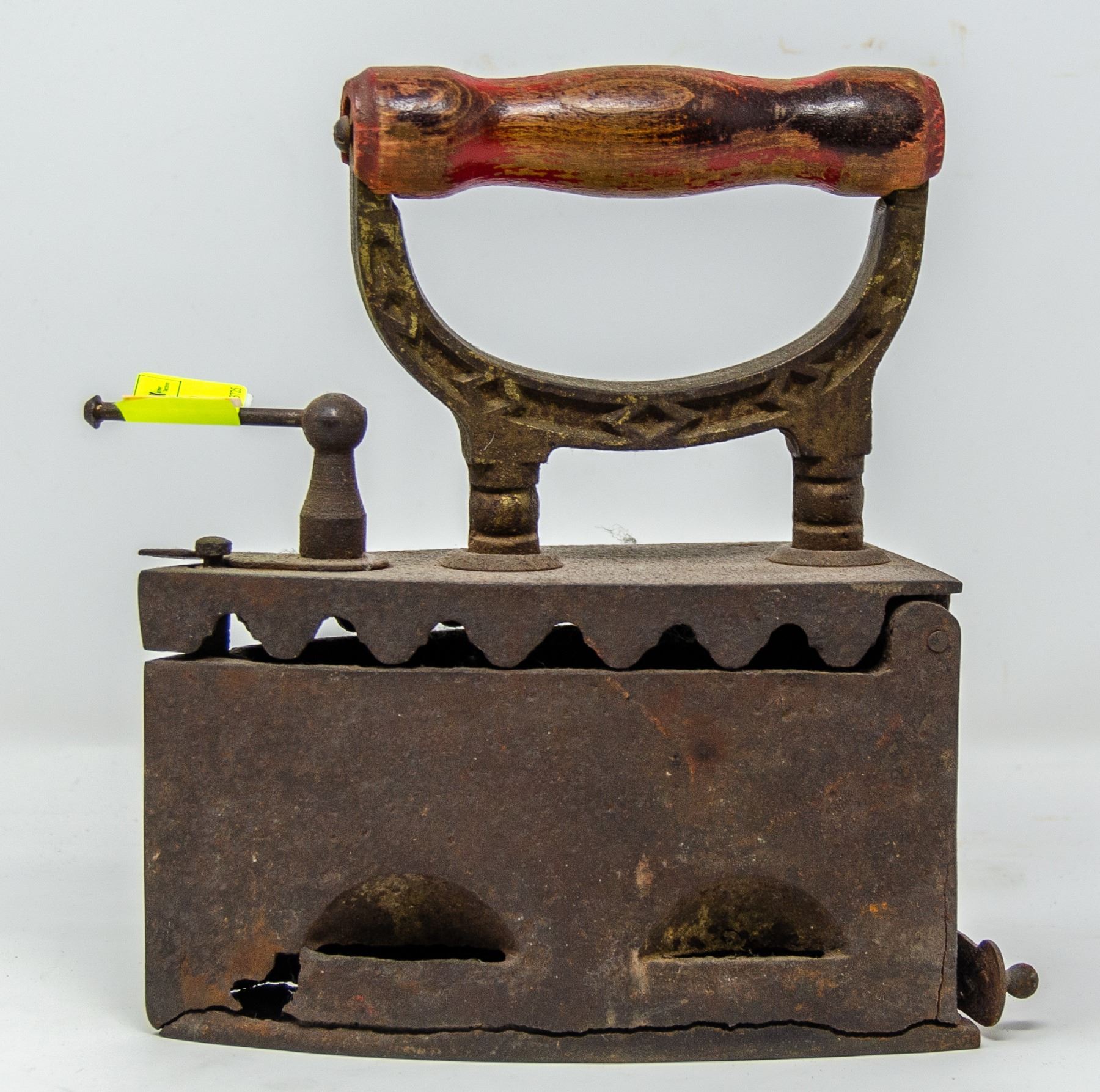 LARGE ANTIQUE COAL HEATED IRON WITH WOODEN HANDLE