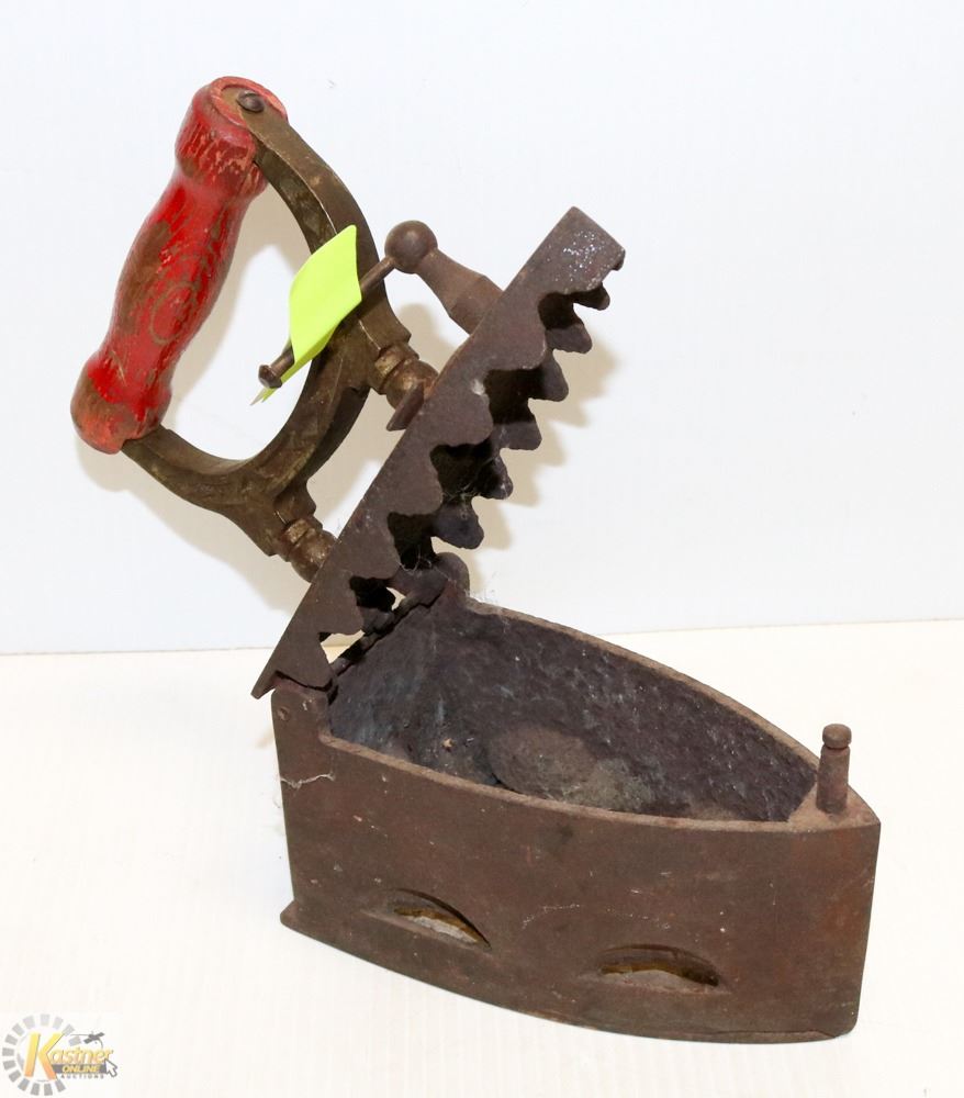 LARGE ANTIQUE COAL HEATED IRON WITH WOODEN HANDLE