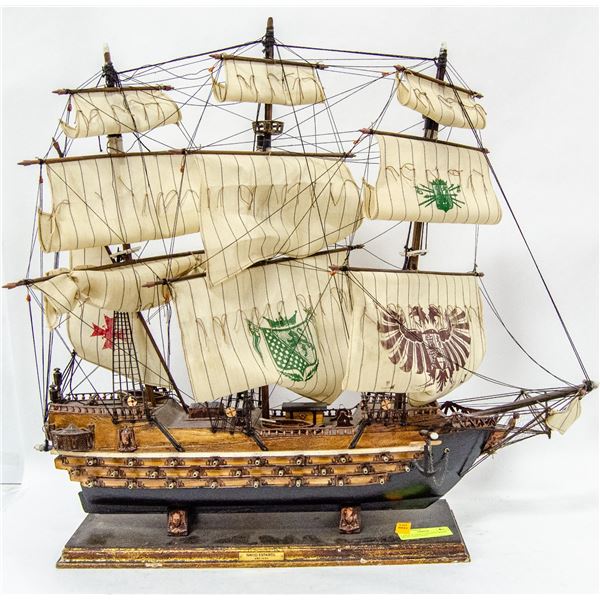 LARGE WOODEN GALLEON MODEL WITH CLOTH SAILS