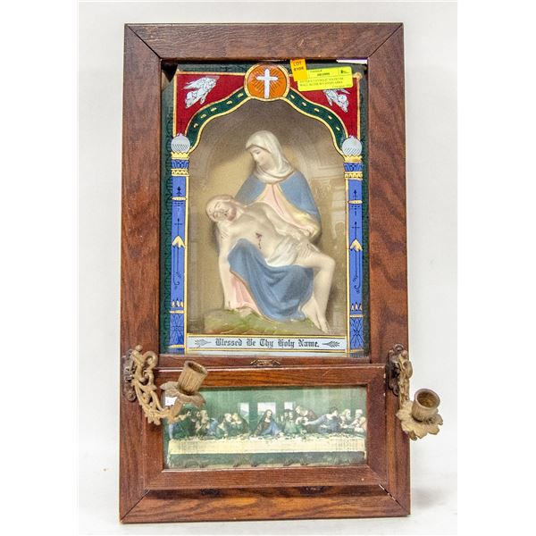 ANTIQUE CATHOLIC VIATICUM WALL ALTER W/CANDELABRA