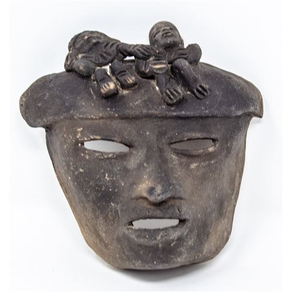 PRE COLUMBIAN CLAY MASK WITH FIGURAL ADORNMENT