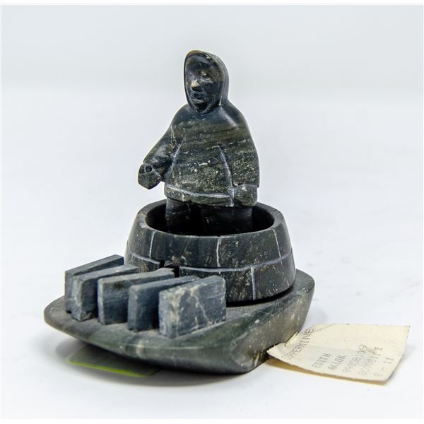 EDITH AKLOK STONE CARVING OF INUIT BUILDING IGLOO