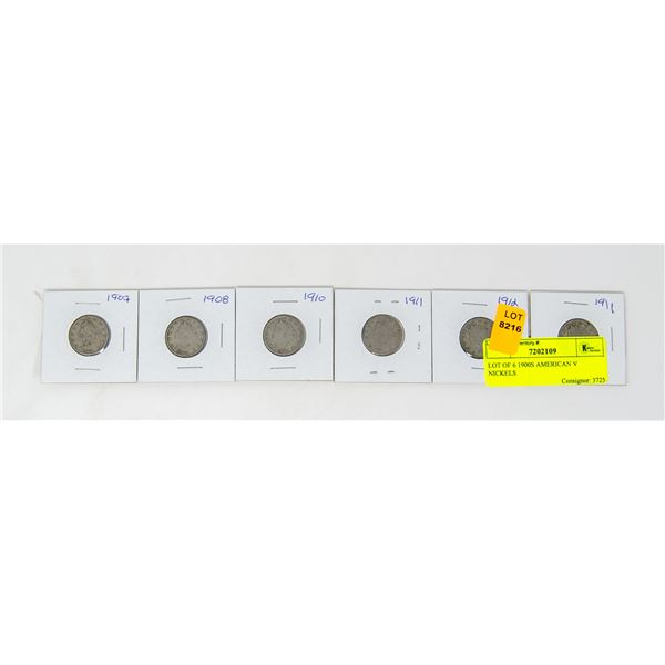 LOT OF 6 1900S AMERICAN V NICKELS