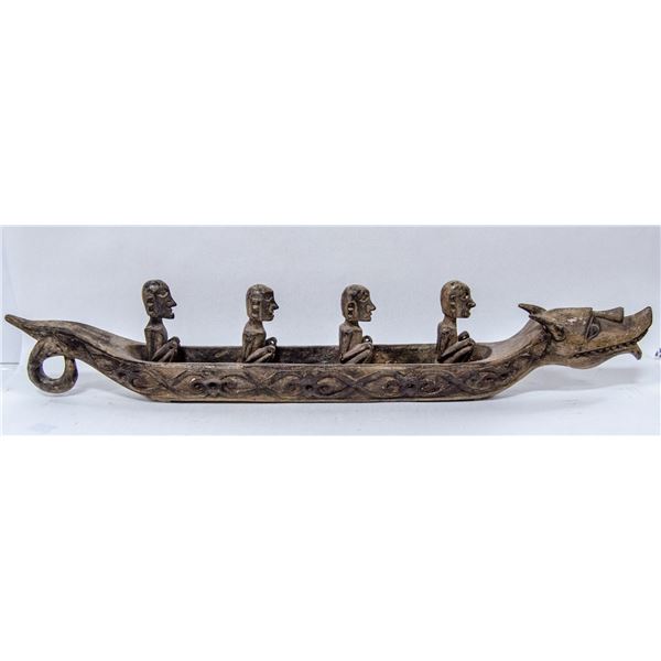 ANTIQUE HAND CARVED DRAGON LONG BOAT WITH 4