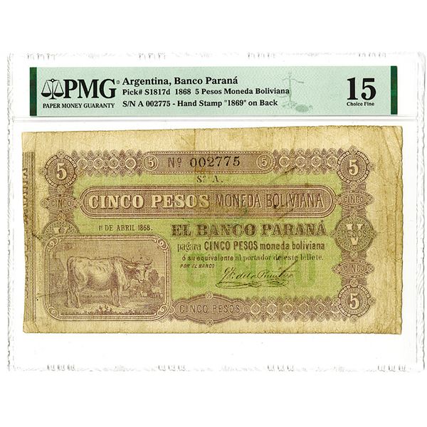 Banco Paranˆ. 1868 Issue Banknote.