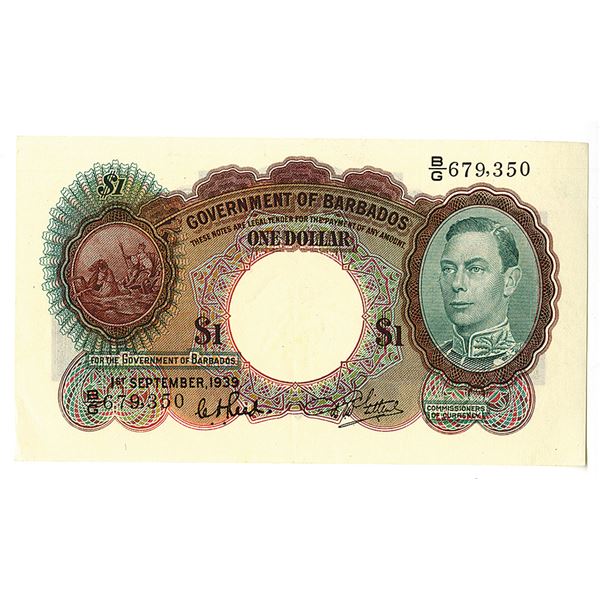 Government of Barbados, British Administration. 1939 Issue Banknote.