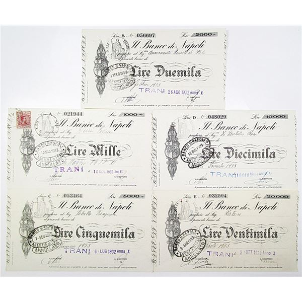 Banco di Napoli. 1932-1933. Lot of 5 Issued Interest Bearing Notes - Similar to Depression Scrip.