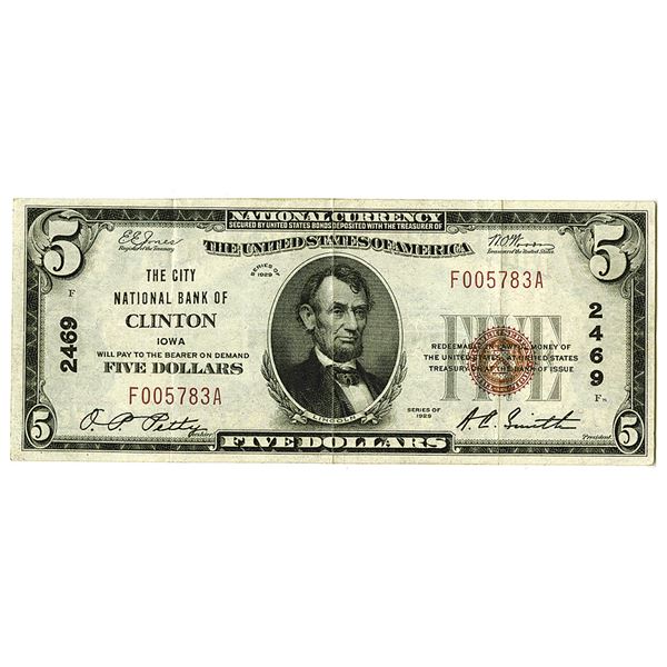 Iowa, City National Bank of Clinton, IA. 1929. $5, TI, Ch#2469, Issued Note.