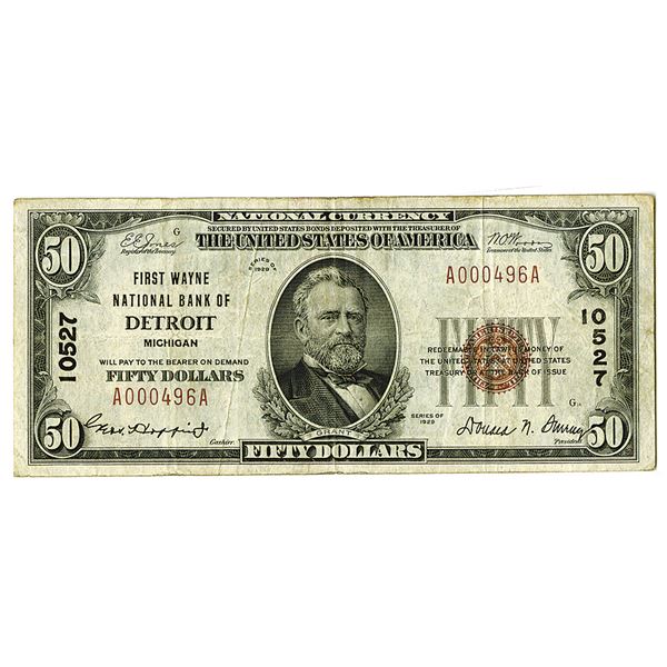 Michigan, First Wayne National Bank of Detroit, MI. 1929, $50, TI, Ch#10527, Issued Note.