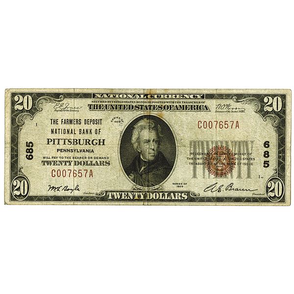 Pennsylvania. Farmers Deposit National Bank of Pittsburgh, PA. 1929, $20 TI, CH#685 Issued Note.