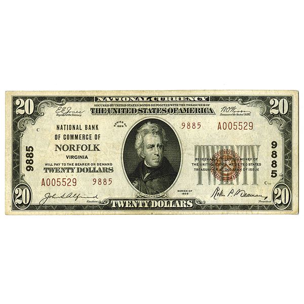 Virginia. National Bank of Commerce of Norfolk. Series of 1929. T2, Charter# 9885 Issued Note.