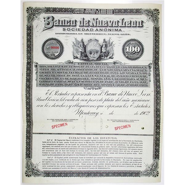 Banco de Nuevo Leon 1902 Specimen Bond