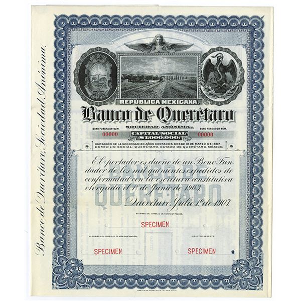 Banco De Queretaro, 1907 Specimen Bond