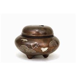 Japanese Bronze Silver Inlaid Incense Burner #1673674