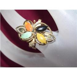 Estate Jade Black Yellow Orange Green Gold Ring#1673687