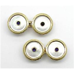 14Kt. Cufflinks, Mother of pearl and sapphires #1700681