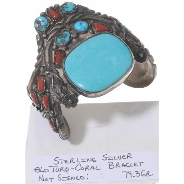 Navajo Turquoise and Coral Cuff