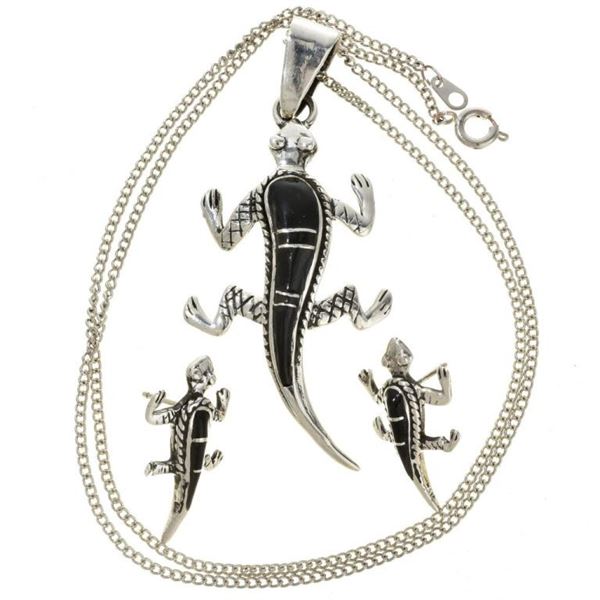 Hopi Onyx Silver Lizard Pendant Set