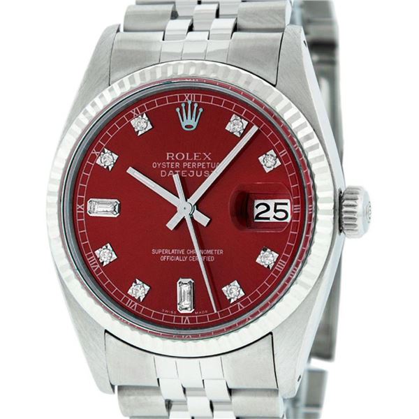 Rolex Mens Stainless Red Diamond 36MM Datejust Oyster Perpetual Wristwatch