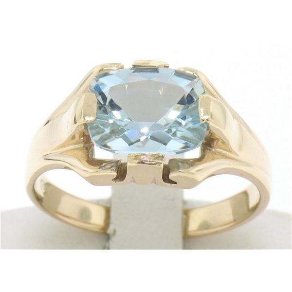 10k Gold Cushion Cut Horizontal Aquamarine Solitaire Ladies Ring