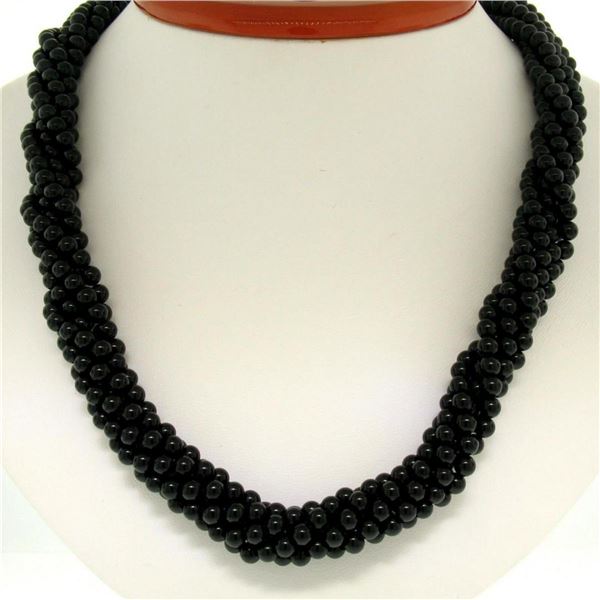 14k Gold Long Multi Strand Black Onyx Necklace w/ Freshwater Pearl & Coral Bead