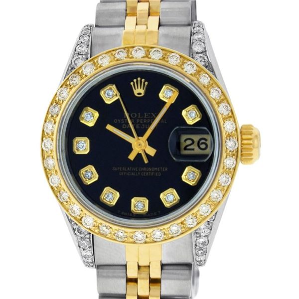 Rolex Ladies 2 Tone Black Diamond Lugs Datejust Wristwatch